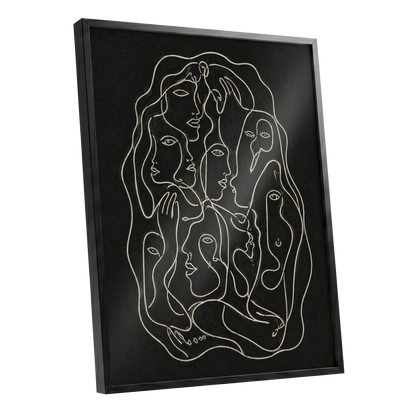 Entwined Contours, black, beige, gray abstract wall art shown as a black framed poster wall art print