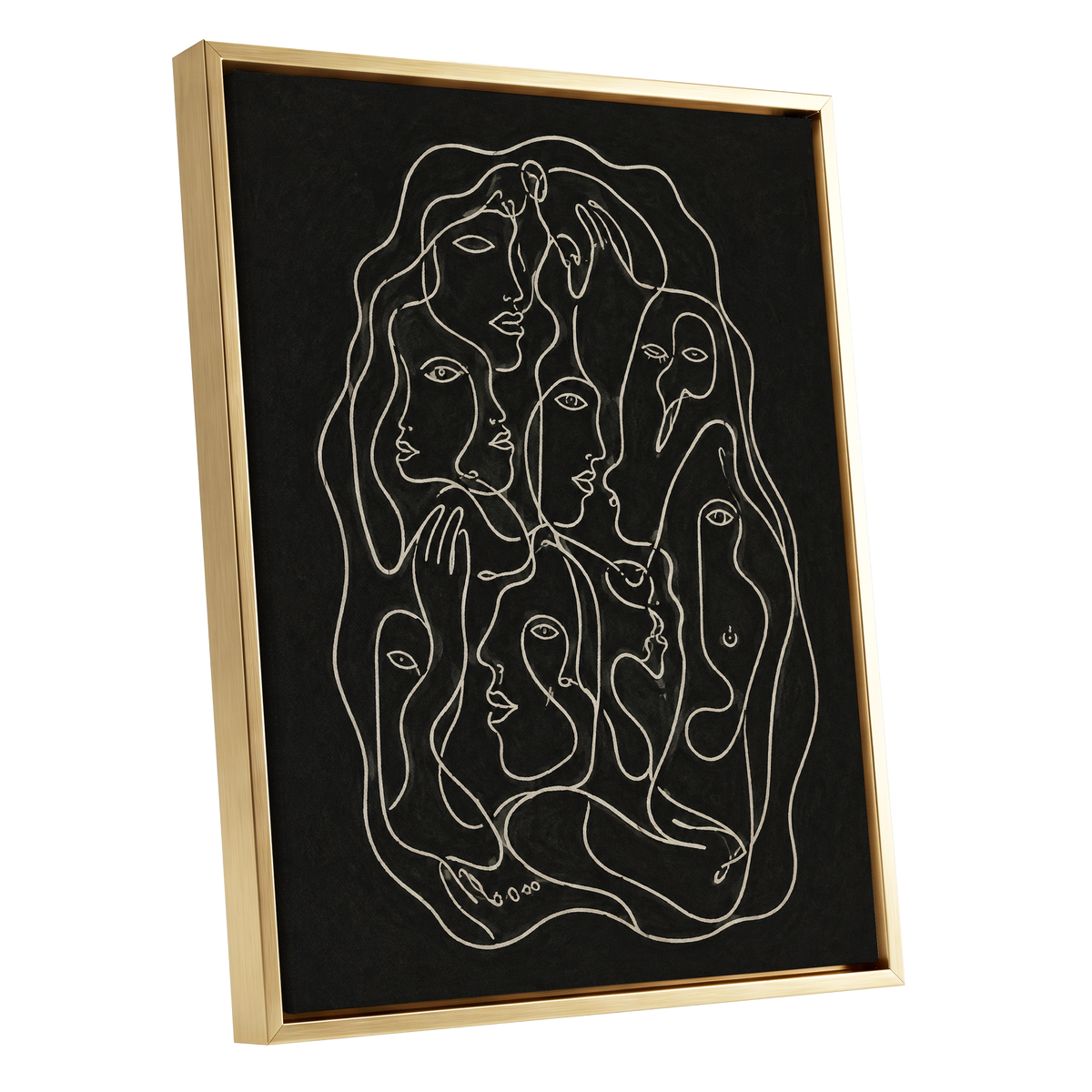 Entwined Contours, black, beige, gray abstract wall art shown as a gold framed canvas wall art