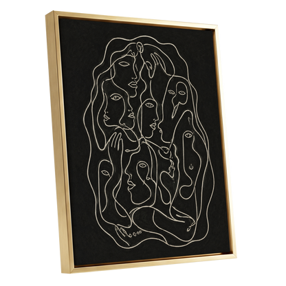 Entwined Contours, black, beige, gray abstract wall art shown as a gold framed canvas wall art