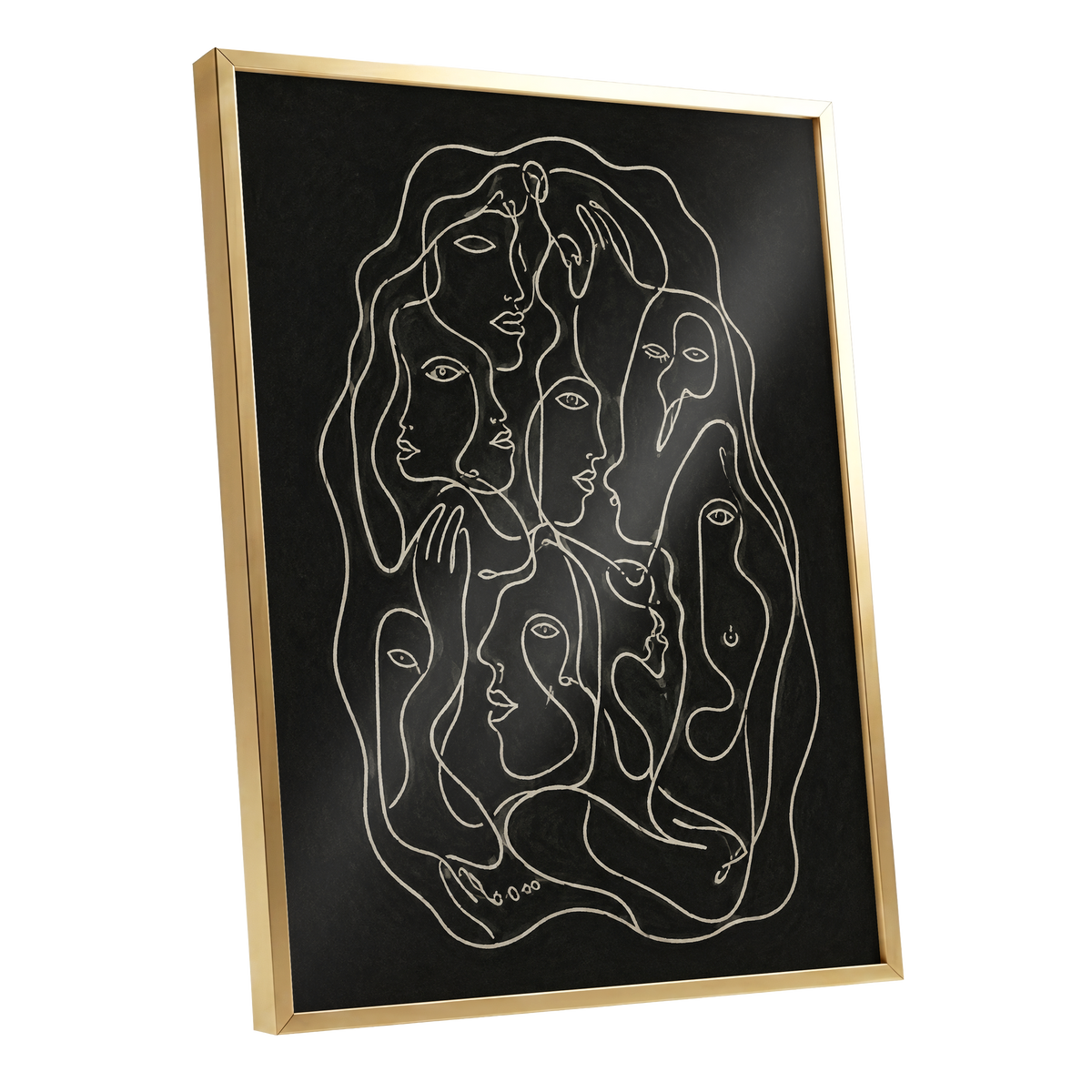 Entwined Contours, black, beige, gray abstract wall art shown as a gold framed poster wall art print