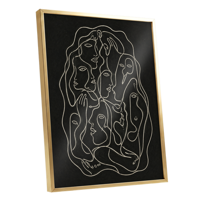 Entwined Contours, black, beige, gray abstract wall art shown as a gold framed poster wall art print