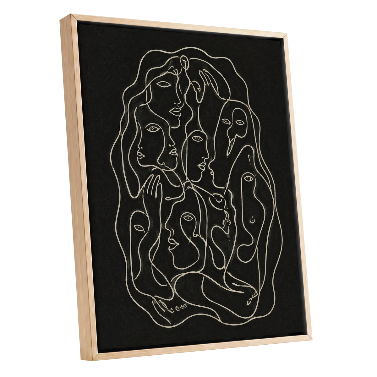 Entwined Contours, black, beige, gray abstract wall art shown as a oak framed canvas wall art