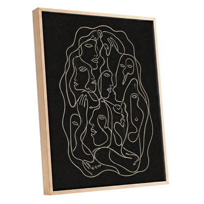Entwined Contours, black, beige, gray abstract wall art shown as a oak framed canvas wall art