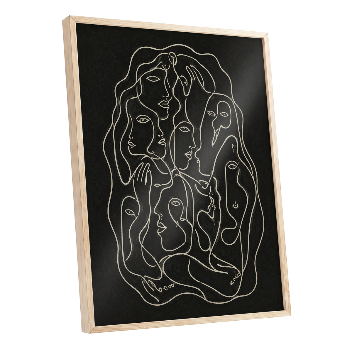 Entwined Contours, black, beige, gray abstract wall art shown as a oak framed poster wall art print