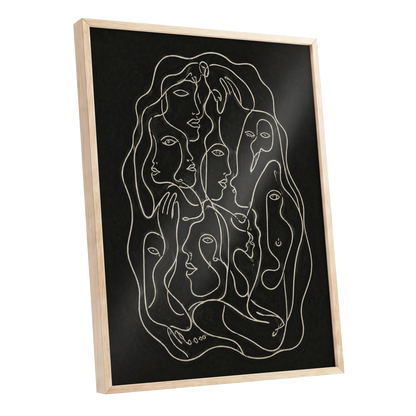 Entwined Contours, black, beige, gray abstract wall art shown as a oak framed poster wall art print