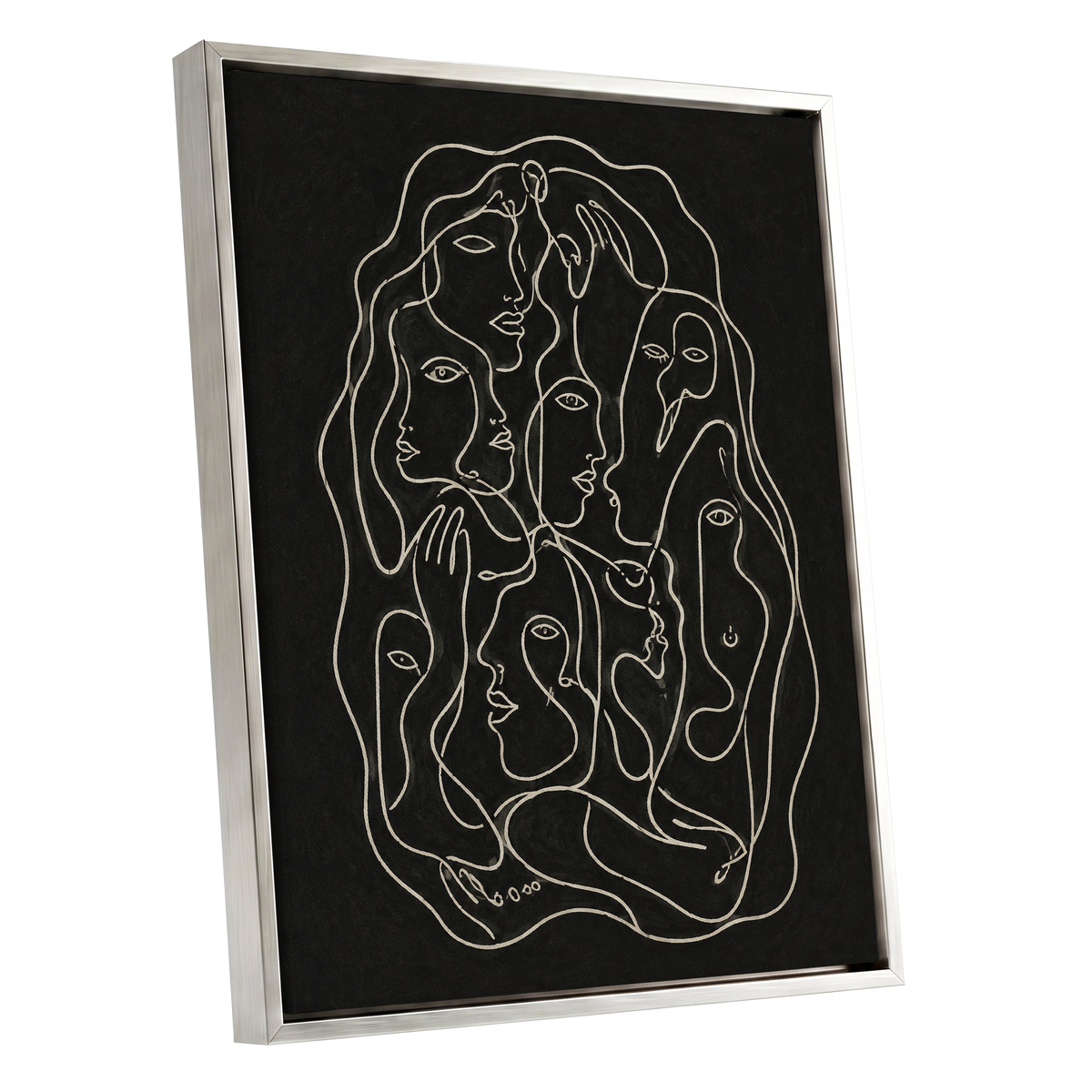 Entwined Contours, black, beige, gray abstract wall art shown as a silver framed canvas wall art