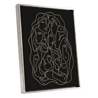 Entwined Contours, black, beige, gray abstract wall art shown as a silver framed canvas wall art