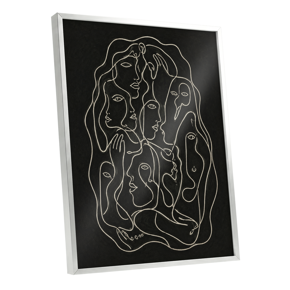 Entwined Contours, black, beige, gray abstract wall art shown as a silver framed poster wall art print