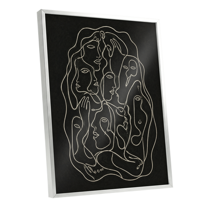 Entwined Contours, black, beige, gray abstract wall art shown as a silver framed poster wall art print