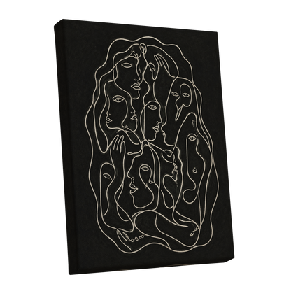 Entwined Contours, black, beige, gray abstract wall art shown as a stretched canvas wall art