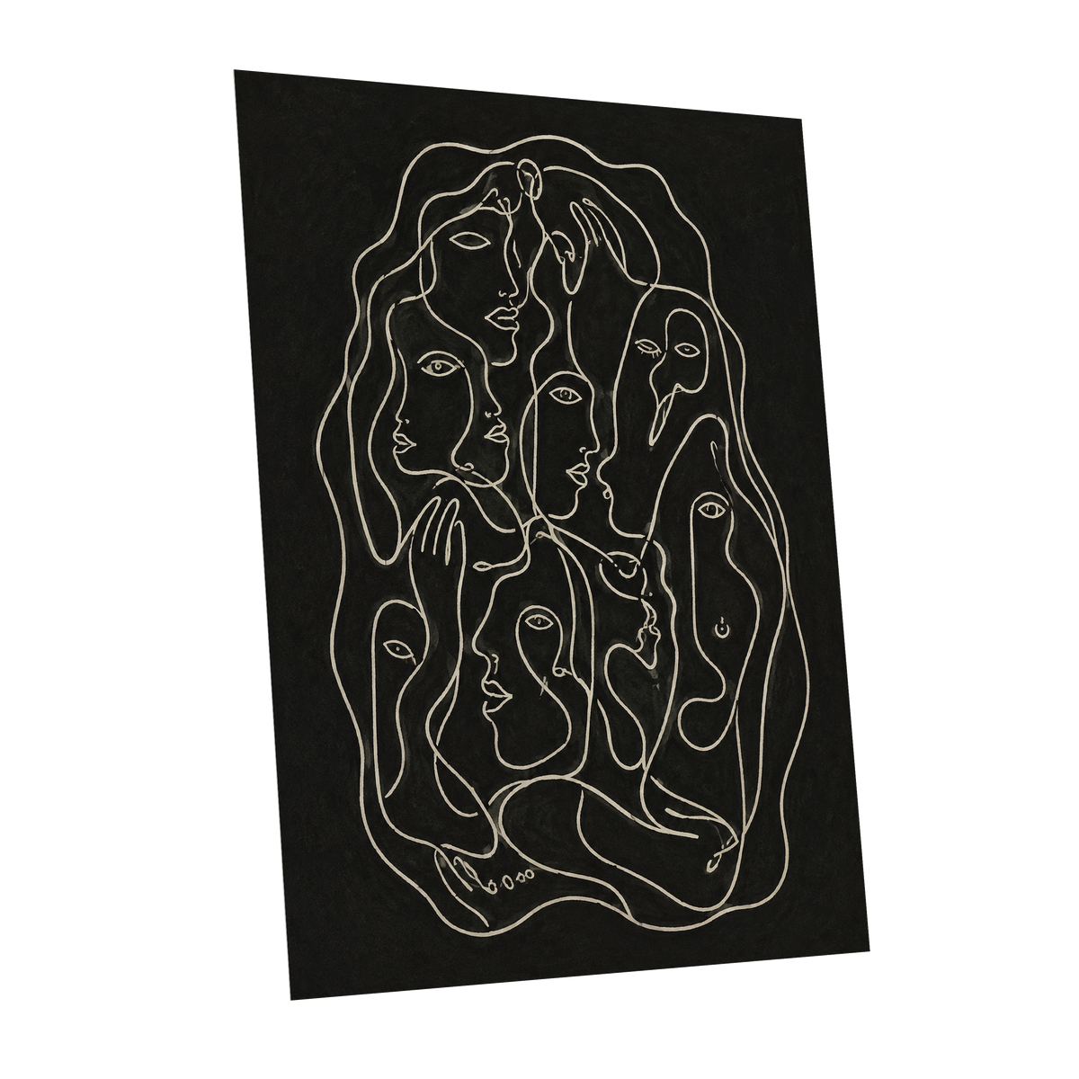 Entwined Contours, black, beige, gray abstract wall art shown as a unframed poster wall art print