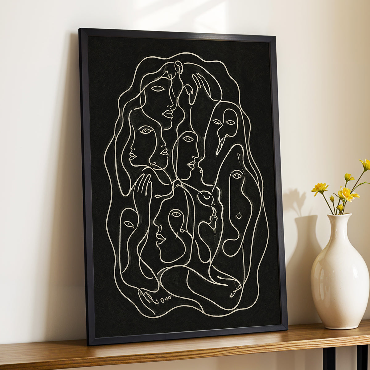Entwined Contours, black, beige, gray abstract wall art displayed in a styled interior, gallery view 2