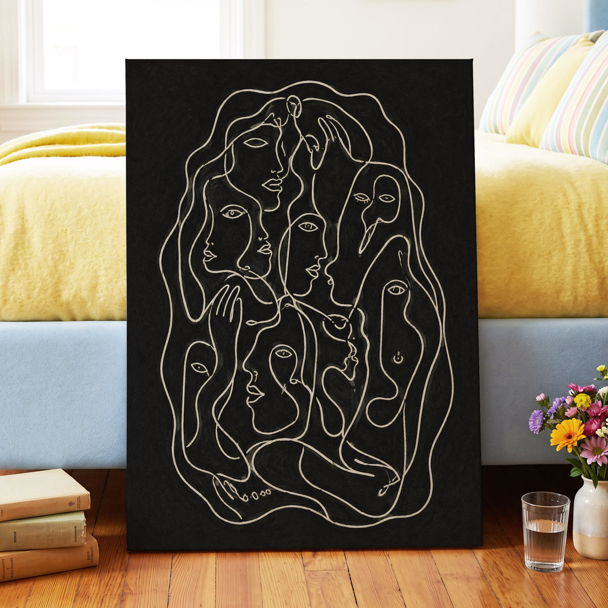 Entwined Contours, black, beige, gray abstract wall art displayed in a styled interior, gallery view 3
