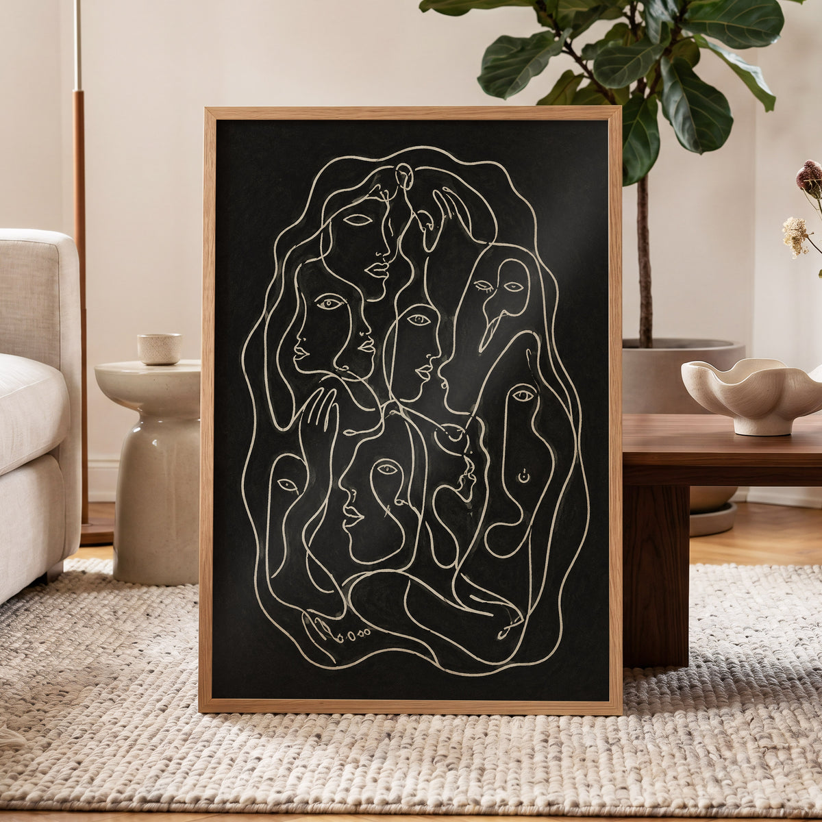 Entwined Contours, black, beige, gray abstract wall art displayed in a styled interior, gallery view 6