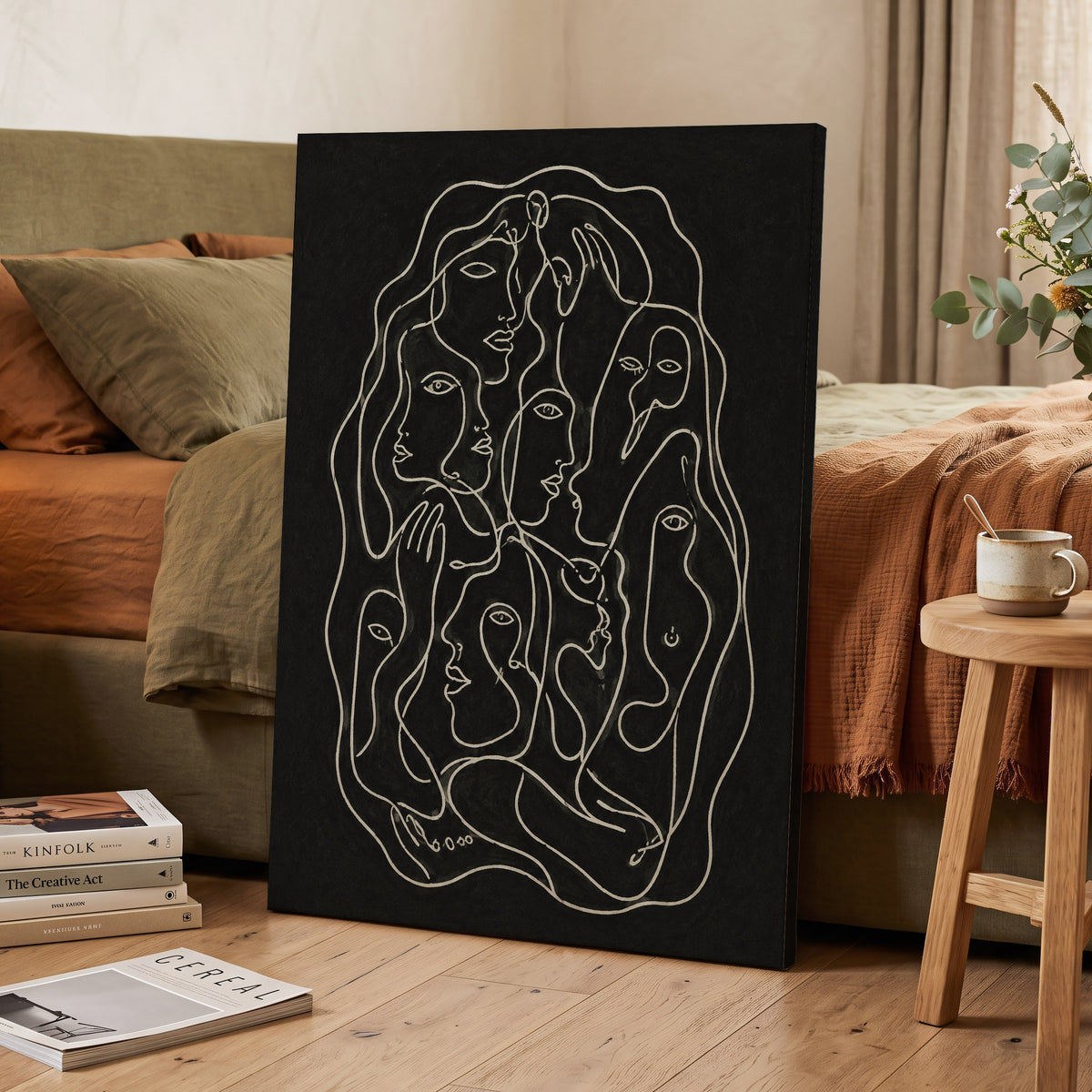 Entwined Contours, black, beige, gray abstract wall art displayed in a styled interior, gallery view 7