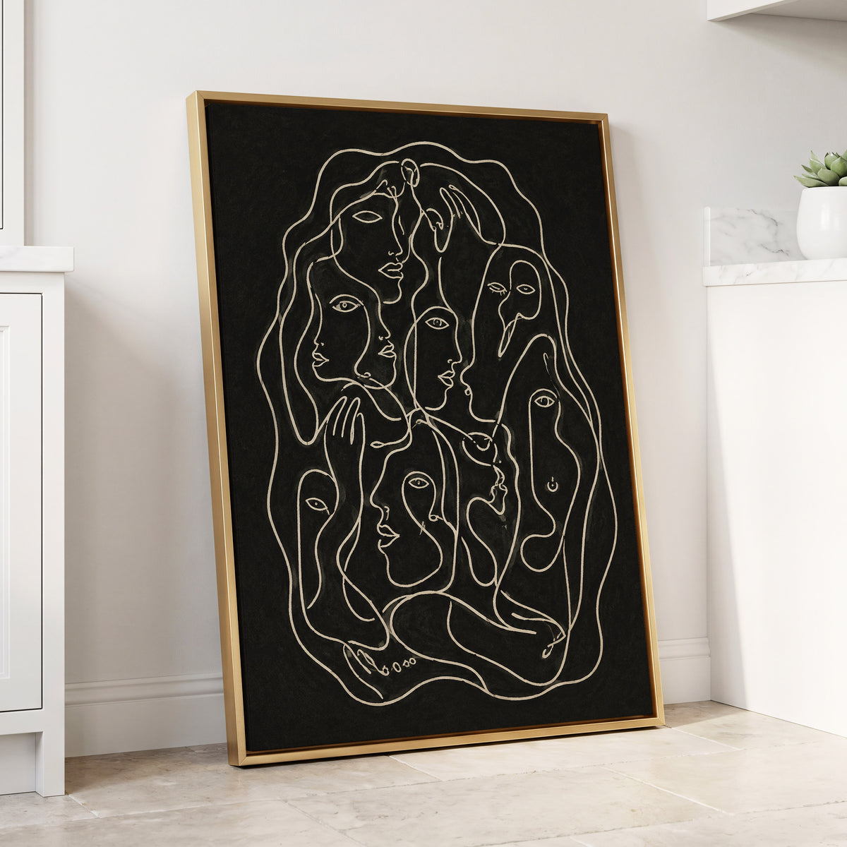 Entwined Contours, black, beige, gray abstract wall art displayed in a styled interior, gallery view 8
