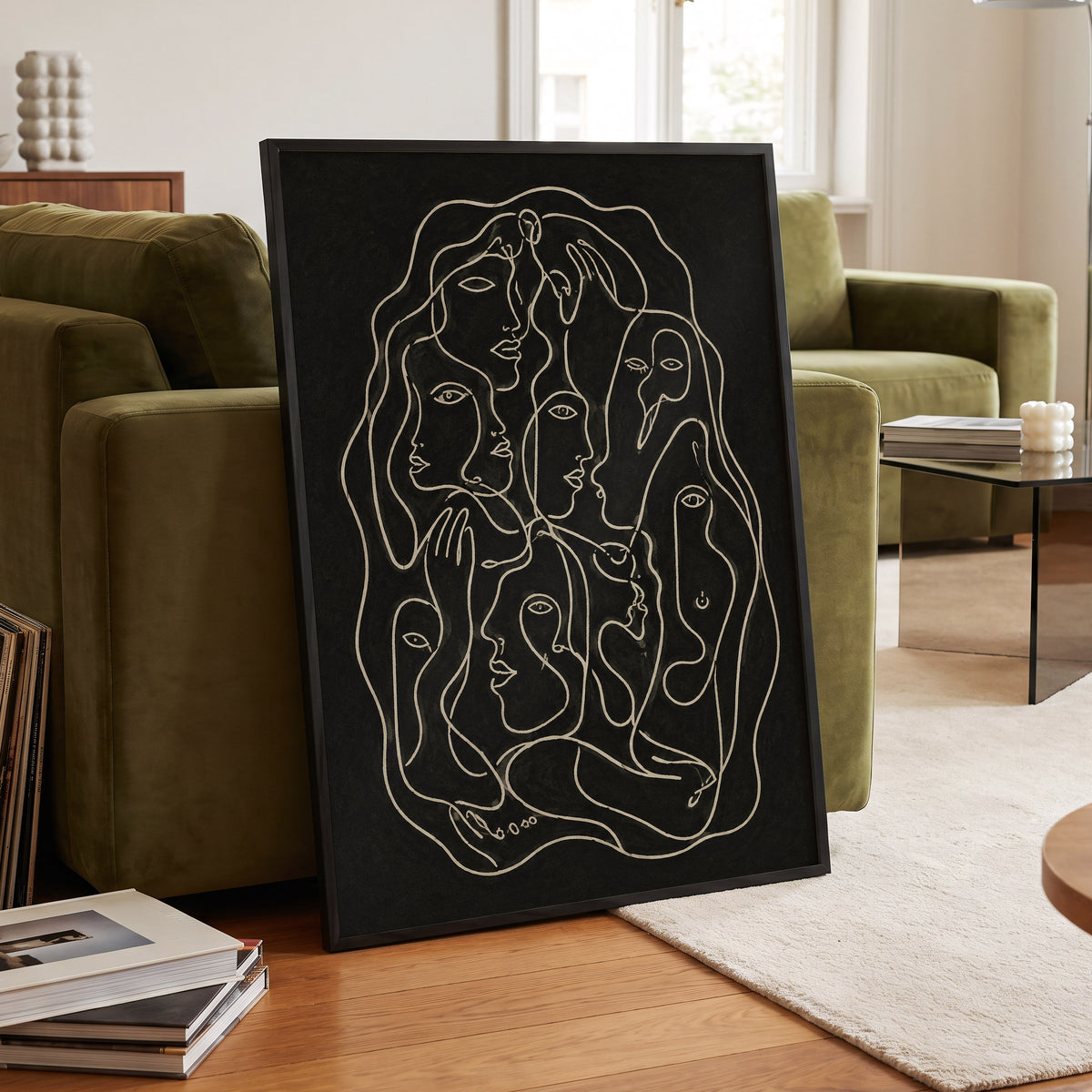 Entwined Contours, black, beige, gray abstract wall art displayed in a styled interior, gallery view 9