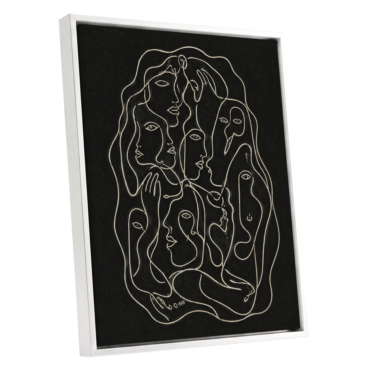 Entwined Contours, black, beige, gray abstract wall art shown as a white framed canvas wall art