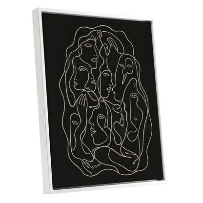 Entwined Contours, black, beige, gray abstract wall art shown as a white framed canvas wall art