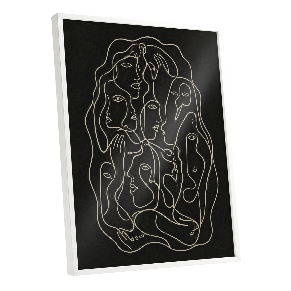 Entwined Contours, black, beige, gray abstract wall art shown as a white framed poster wall art print
