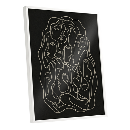 Entwined Contours, black, beige, gray abstract wall art shown as a white framed poster wall art print