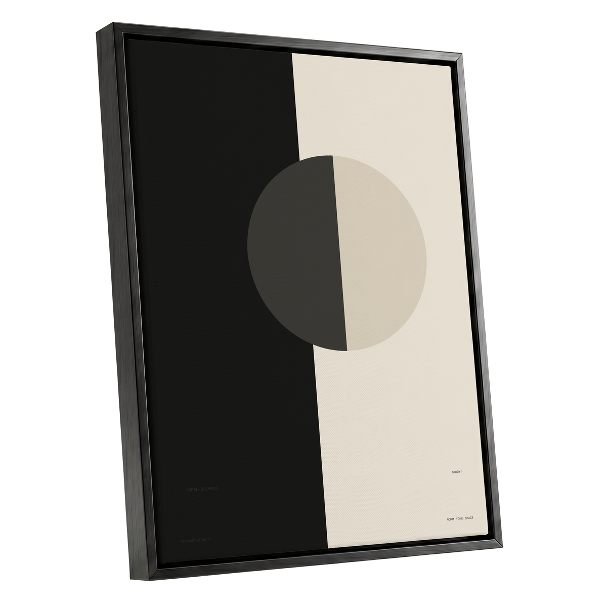 Equilibrium Study, black, beige, gray minimalist wall art shown as a black framed canvas wall art