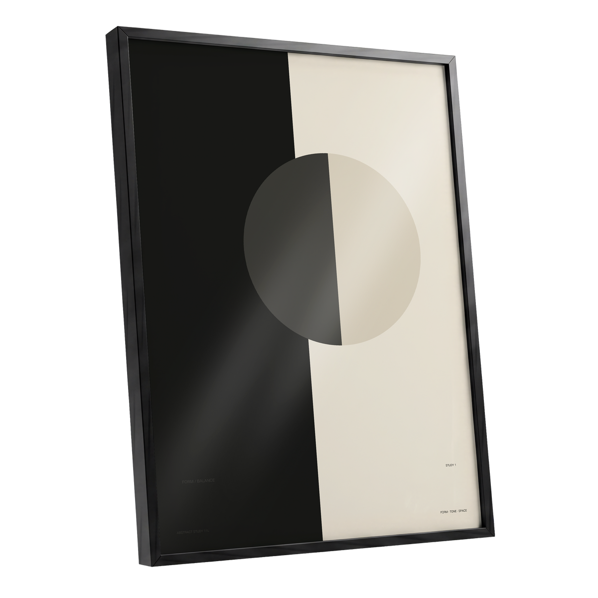 Equilibrium Study, black, beige, gray minimalist wall art shown as a black framed poster wall art print