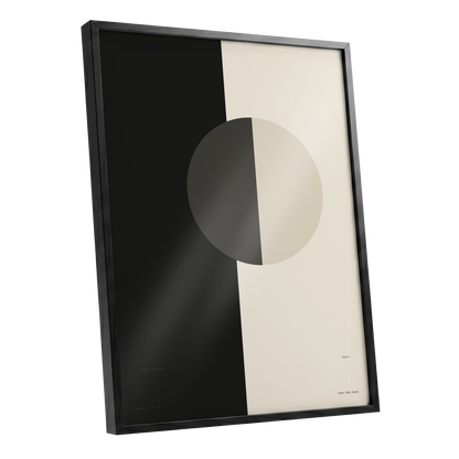 Equilibrium Study, black, beige, gray minimalist wall art shown as a black framed poster wall art print