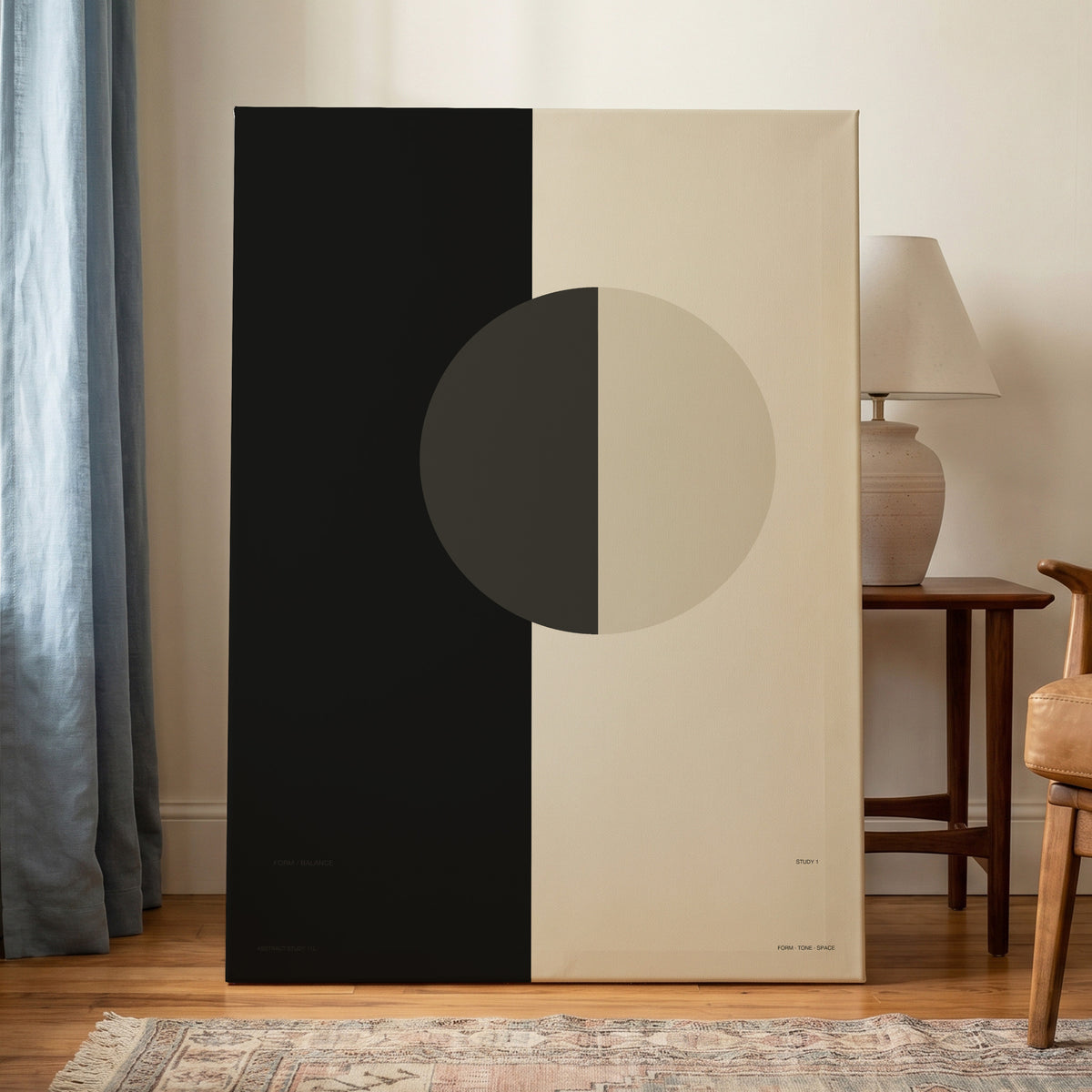 Equilibrium Study, black, beige, gray minimalist wall art on canvas displayed in a styled interior, gallery view 1