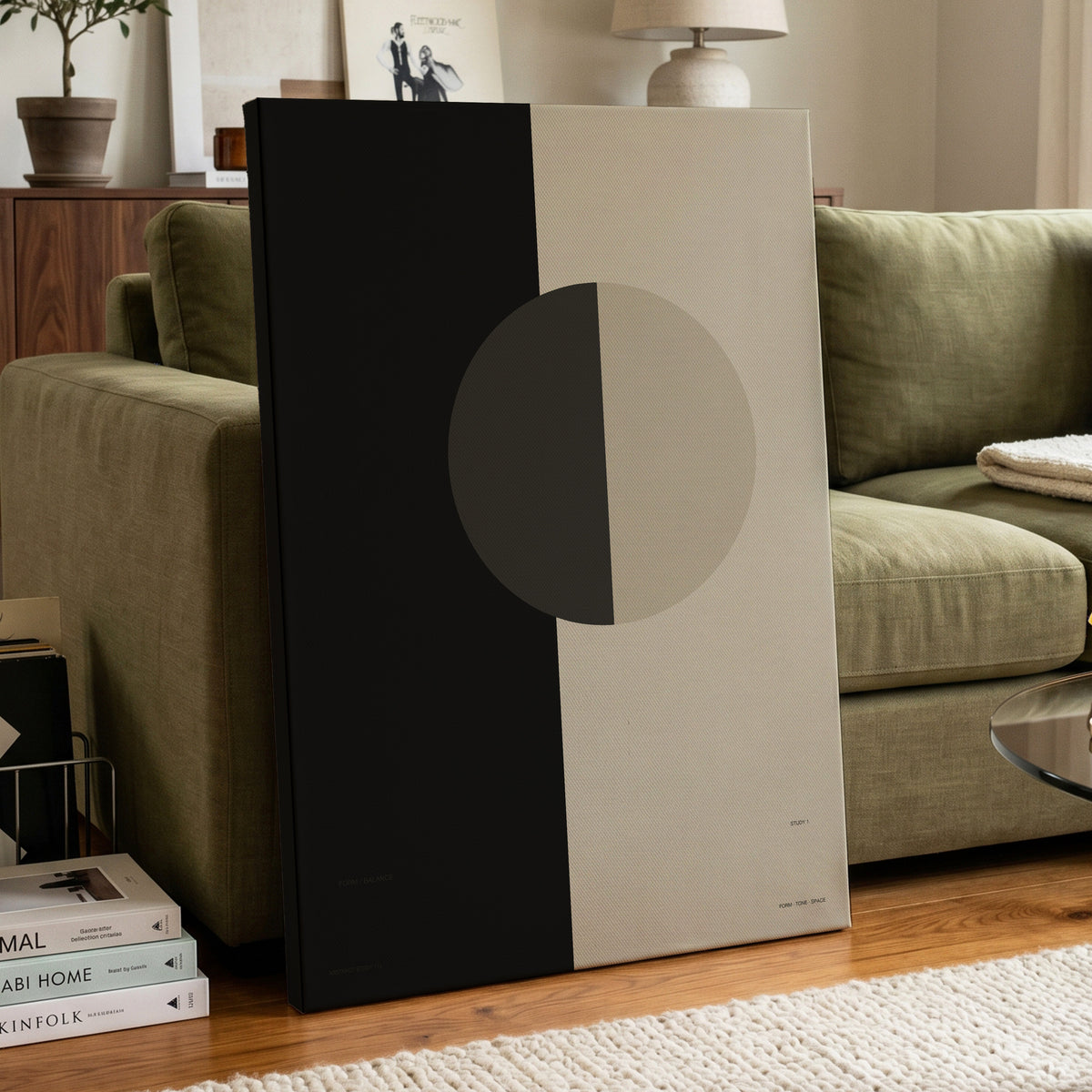 Equilibrium Study, black, beige, gray minimalist wall art on canvas displayed in a styled interior, gallery view 2
