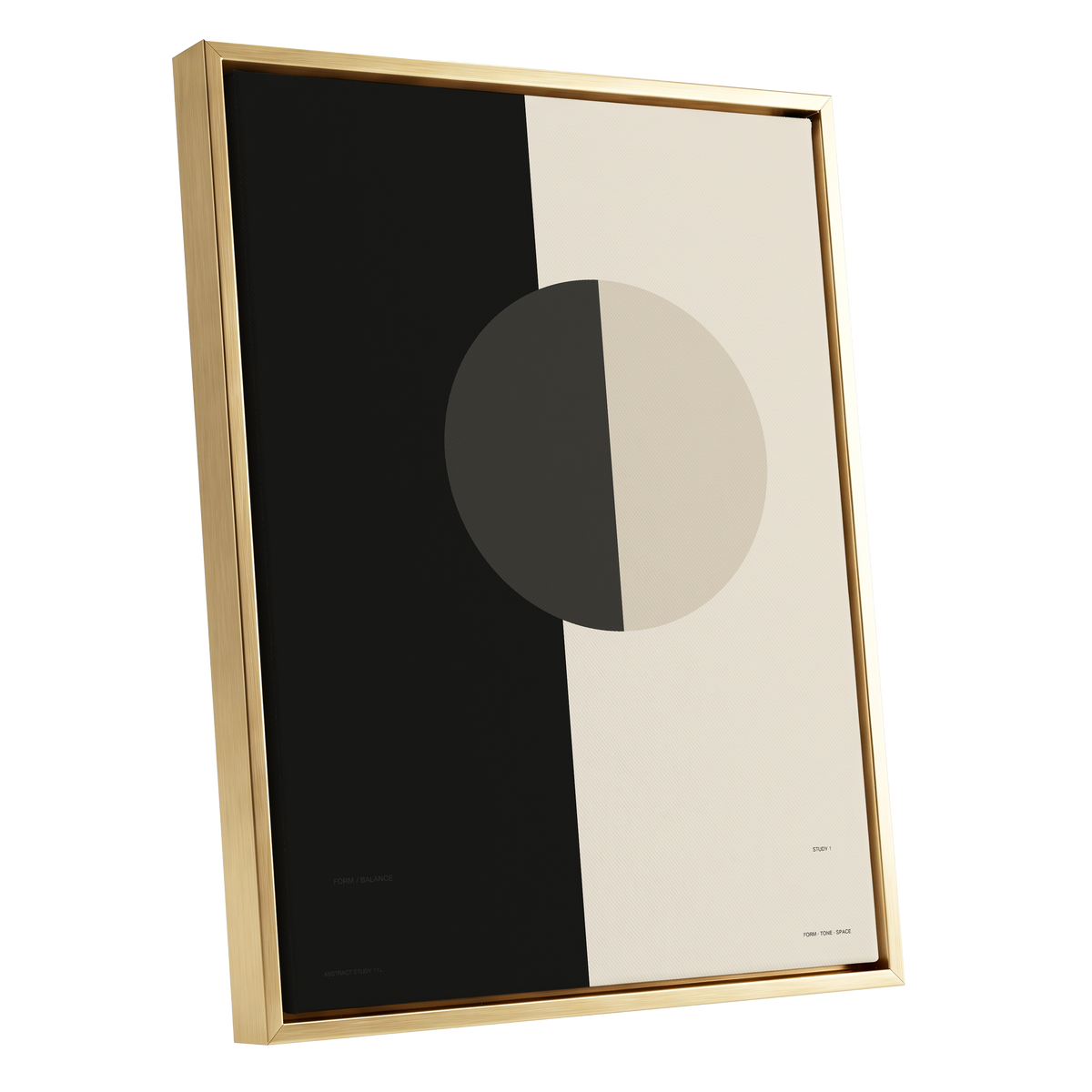 Equilibrium Study, black, beige, gray minimalist wall art shown as a gold framed canvas wall art