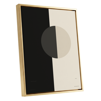 Equilibrium Study, black, beige, gray minimalist wall art shown as a gold framed canvas wall art