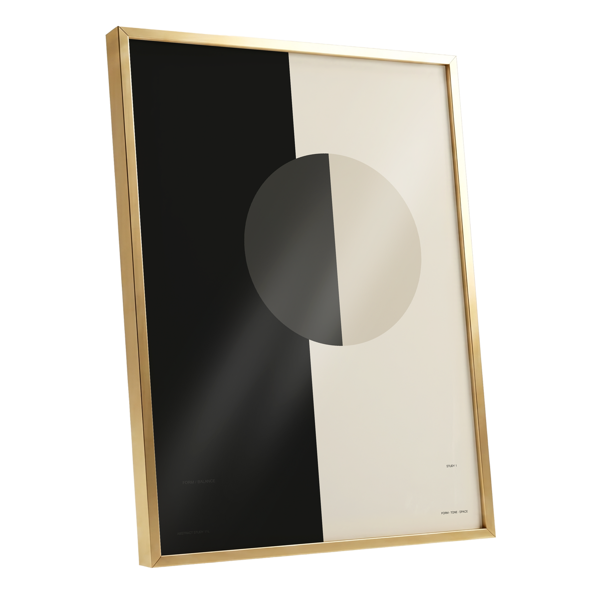 Equilibrium Study, black, beige, gray minimalist wall art shown as a gold framed poster wall art print