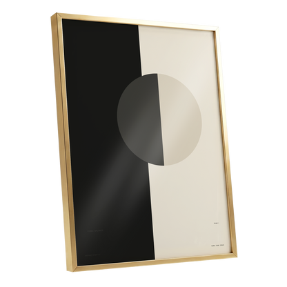 Equilibrium Study, black, beige, gray minimalist wall art shown as a gold framed poster wall art print