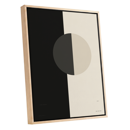 Equilibrium Study, black, beige, gray minimalist wall art shown as a oak framed canvas wall art
