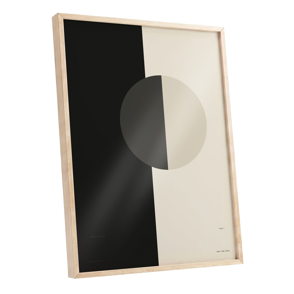 Equilibrium Study, black, beige, gray minimalist wall art shown as a oak framed poster wall art print