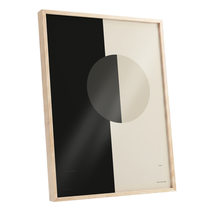 Equilibrium Study, black, beige, gray minimalist wall art shown as a oak framed poster wall art print