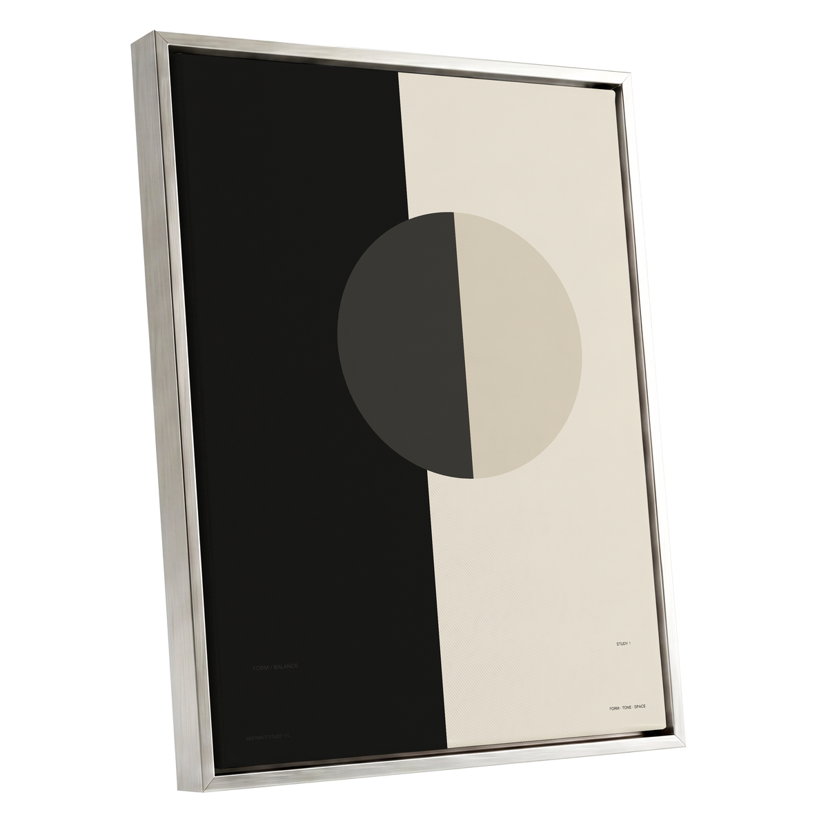 Equilibrium Study, black, beige, gray minimalist wall art shown as a silver framed canvas wall art