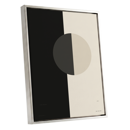 Equilibrium Study, black, beige, gray minimalist wall art shown as a silver framed canvas wall art