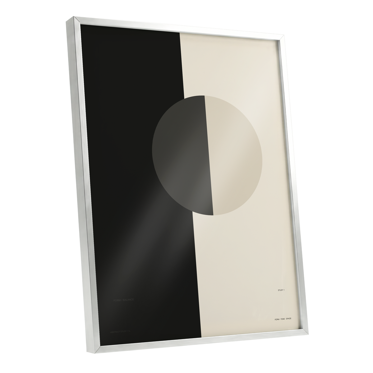 Equilibrium Study, black, beige, gray minimalist wall art shown as a silver framed poster wall art print