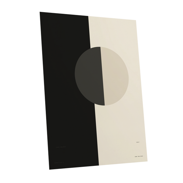 Equilibrium Study, black, beige, gray minimalist wall art shown as a unframed poster wall art print