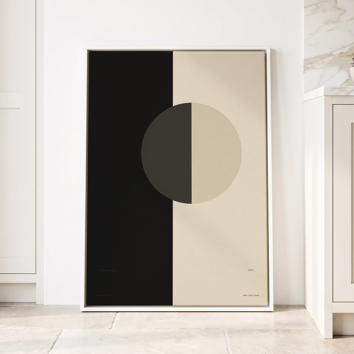 Equilibrium Study, black, beige, gray minimalist wall art displayed in a styled interior, gallery view 2