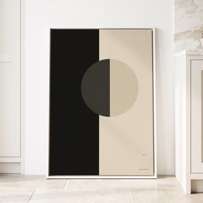 Equilibrium Study, black, beige, gray minimalist wall art displayed in a styled interior, gallery view 2
