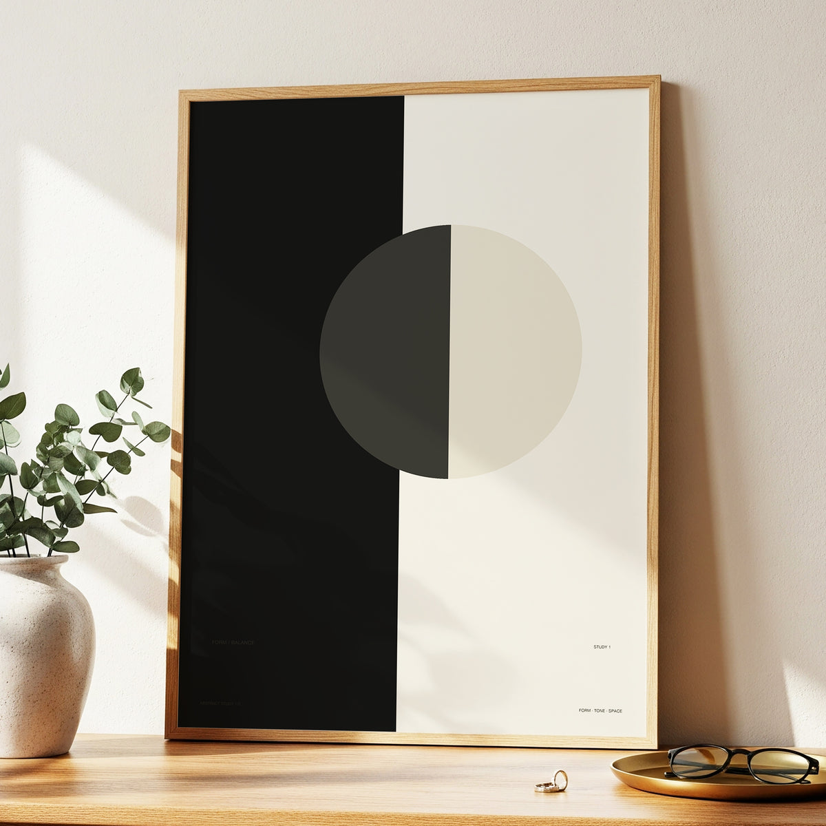 Equilibrium Study, black, beige, gray minimalist wall art displayed in a styled interior, gallery view 3