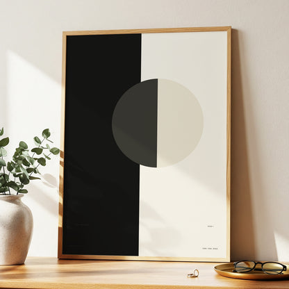 Equilibrium Study, black, beige, gray minimalist wall art displayed in a styled interior, gallery view 3
