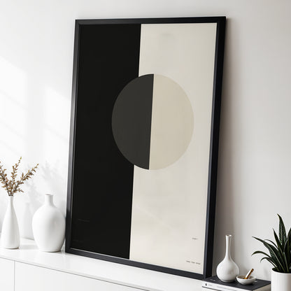 Equilibrium Study, black, beige, gray minimalist wall art displayed in a styled interior, gallery view 4