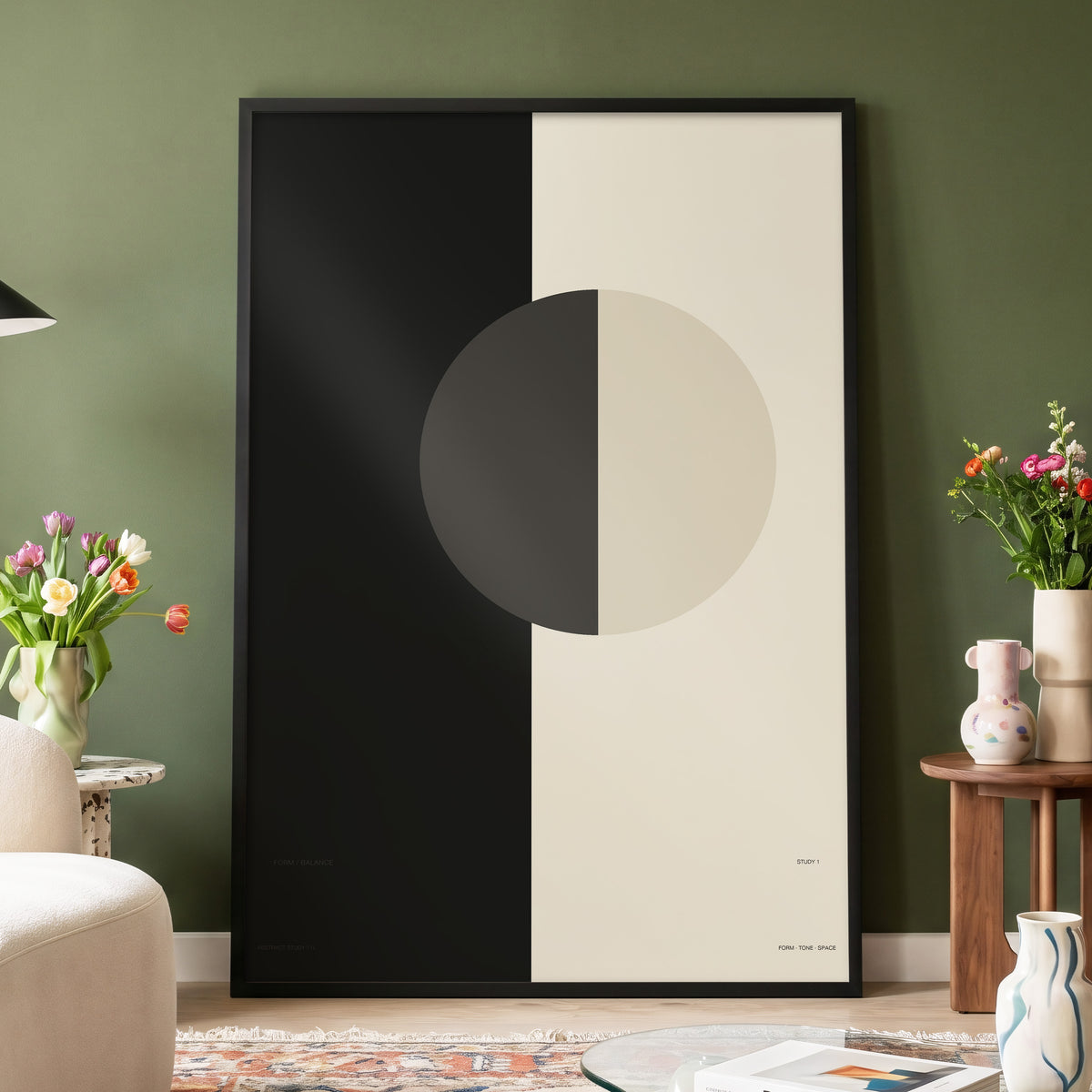 Equilibrium Study, black, beige, gray minimalist wall art displayed in a styled interior, gallery view 6