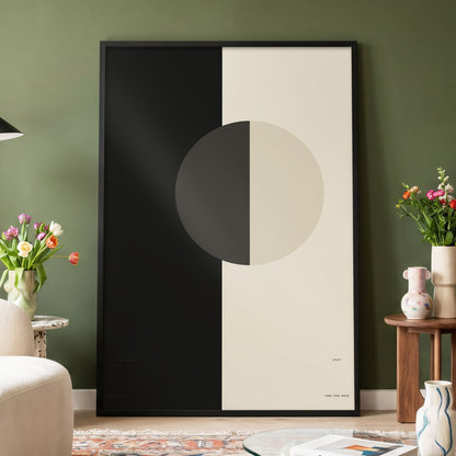Equilibrium Study, black, beige, gray minimalist wall art displayed in a styled interior, gallery view 6