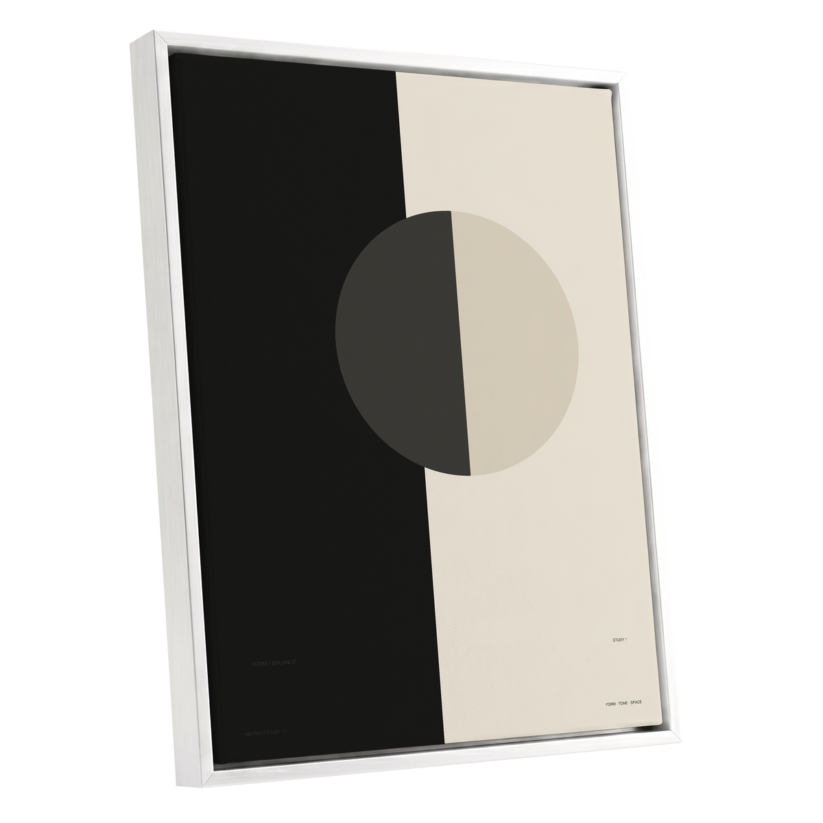 Equilibrium Study, black, beige, gray minimalist wall art shown as a white framed canvas wall art
