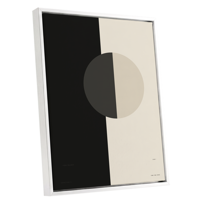 Equilibrium Study, black, beige, gray minimalist wall art shown as a white framed canvas wall art
